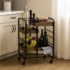 Metal Frame Serving Cart with 3 Open Storage and Casters, Brown and Black