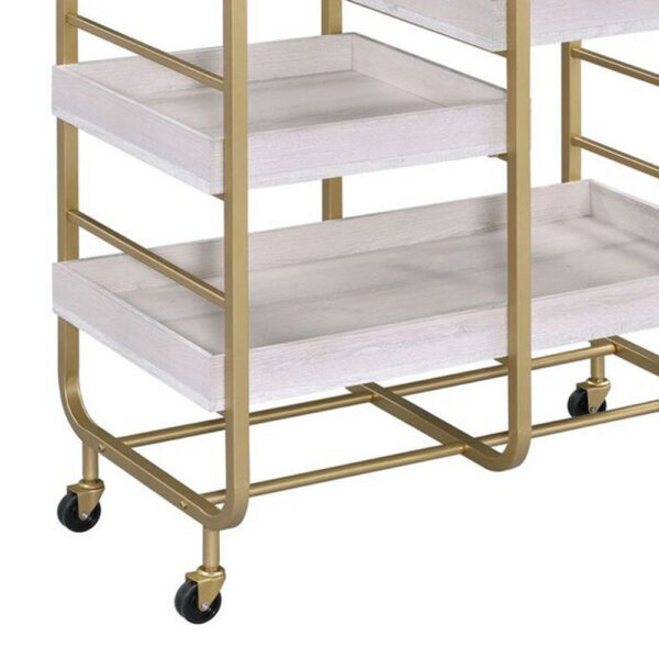 Metal Frame Serving Cart with Adjustable Compartments,Gold and Washed White