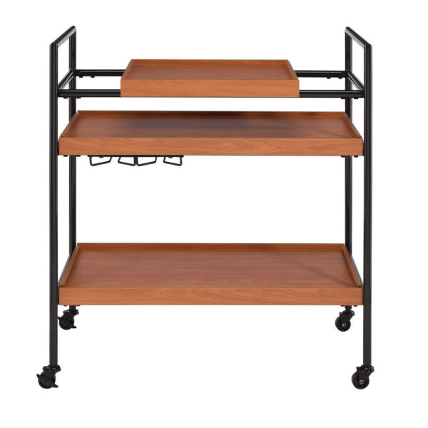 Metal Frame Serving Cart with Adjustable Compartments, Oak Brown and Black
