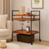 Metal Frame Serving Cart with Adjustable Compartments, Oak Brown and Black