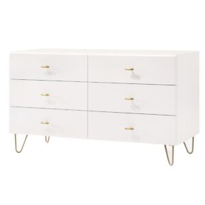150220266991266ed0485.jpeg 6 Drawer Wooden Dresser with Metal Hairpin Legs, White and Gold