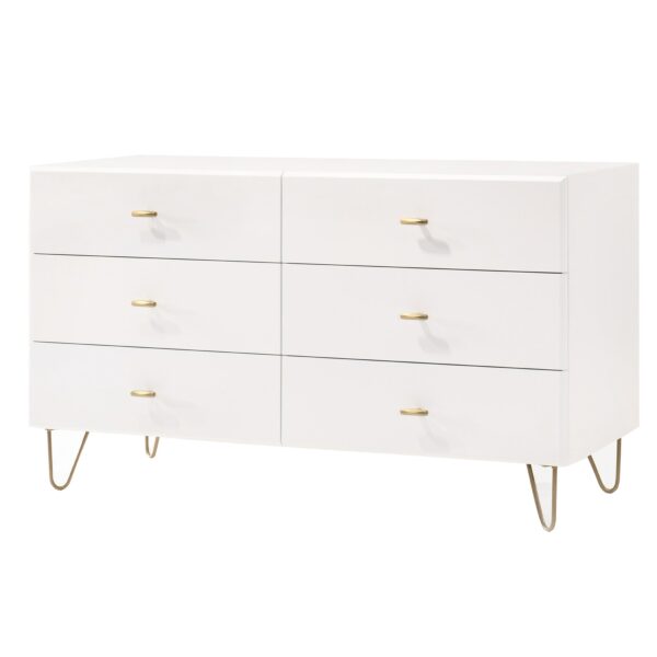 150220266991266ed0485.jpeg 6 Drawer Wooden Dresser with Metal Hairpin Legs, White and Gold