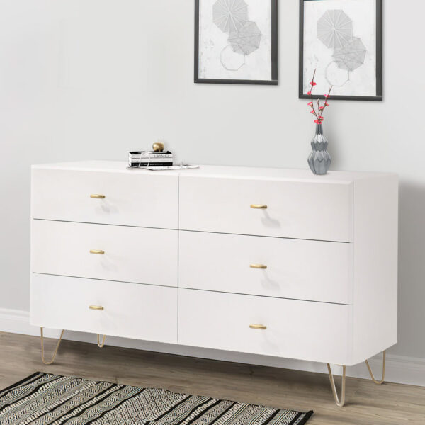 150220266991268444e2b.jpeg 6 Drawer Wooden Dresser with Metal Hairpin Legs, White and Gold