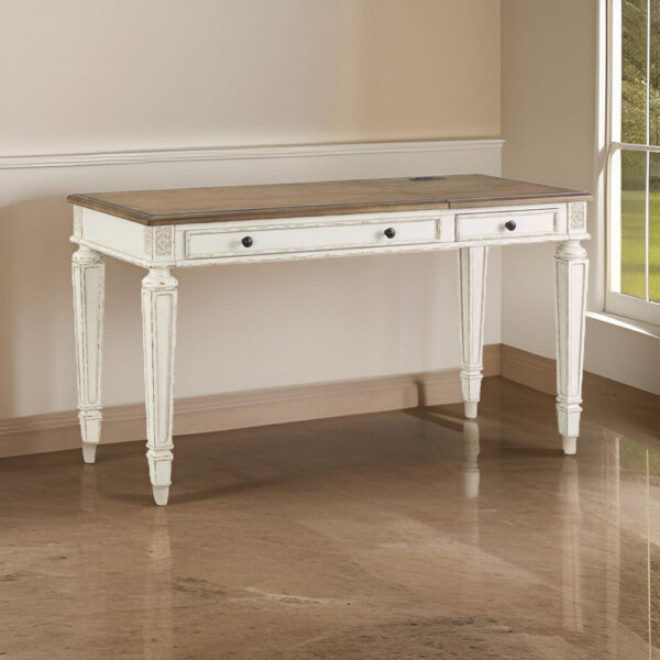 Wooden Lift Top Desk with Textured Finish and Drawers, Brown and White