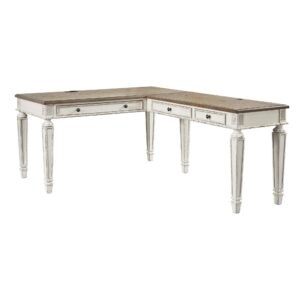 Transitional Wooden Office Desk with Carvings and Drawers, White and Brown