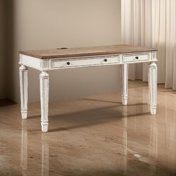 Transitional Wooden Office Desk with Carvings and Drawers, White and Brown