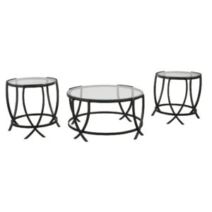 Contemporary Round Table Set with Glass Top and Geometric Metal Body, Black