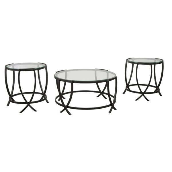 Contemporary Round Table Set with Glass Top and Geometric Metal Body, Black