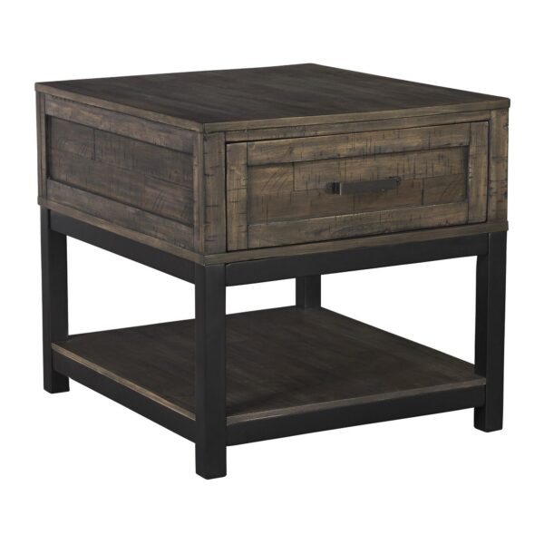 15022026699126e3bb32d.jpeg Two Tone Wooden End Table with 1 Drawer and Metal Base, Brown and Black