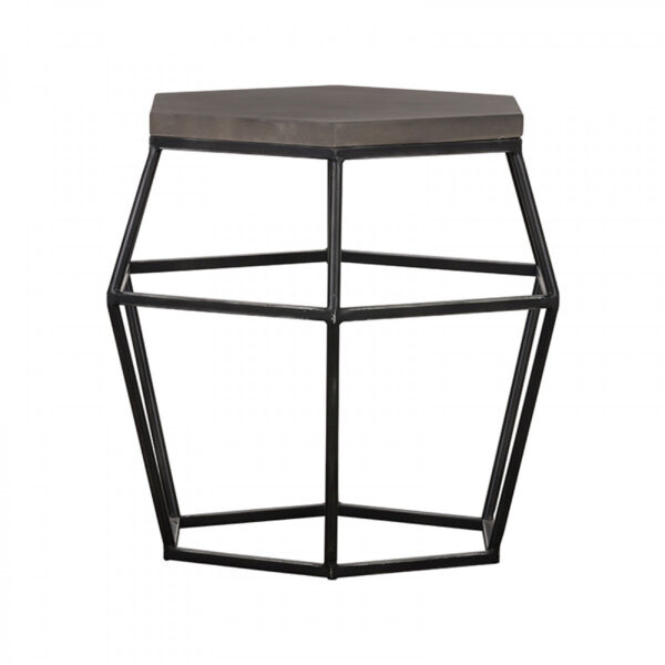 150220266991285492731.jpeg Hexagonal Concrete End Table with Metal Base, Gray and Black