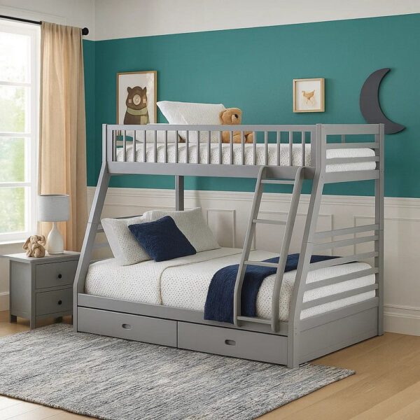 Transitional Twin Size Bunk Bed with Vertical Slats and Angled Ladder,Gray