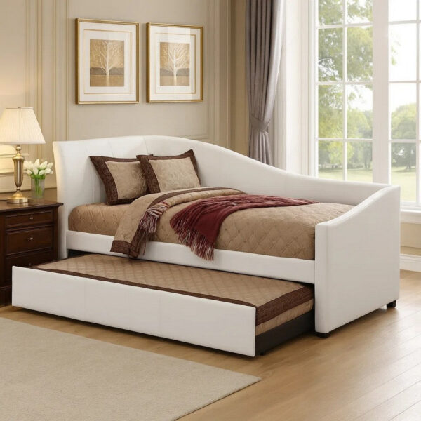 Leatherette Twin Size Daybed and Trundle with Sloped Back, White