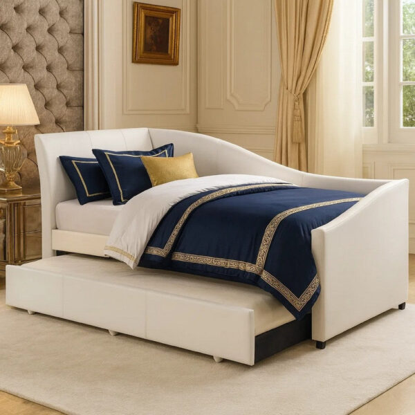 Leatherette Twin Size Daybed and Trundle with Sloped Back, White