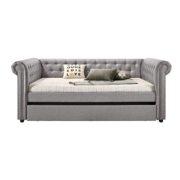 Chesterfield Twin Size Daybed with Attached Trundle and Nailhead Trims,Gray