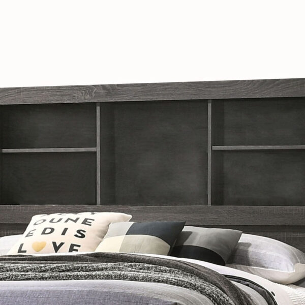 Wooden Queen Size Low Profile Size Bed with Bookcase Headboard, Gray