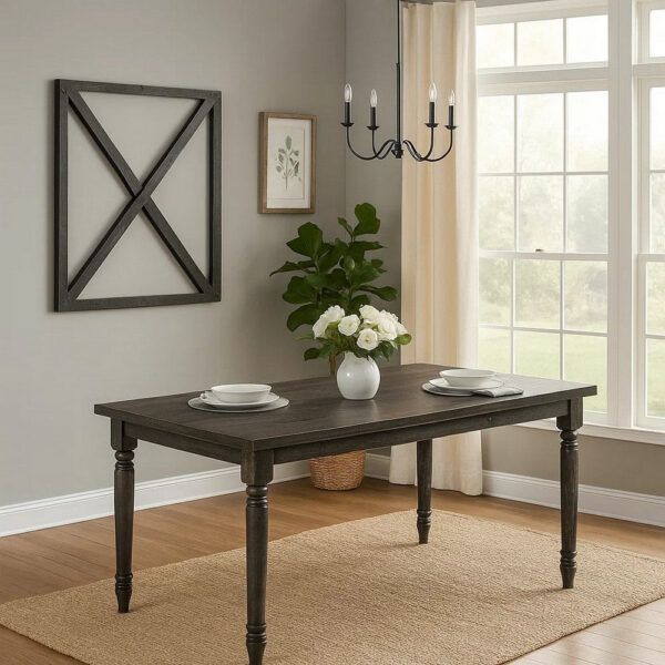 Rustic Style Wooden Dining Table with Rectangular Top and Turned Legs, Gray