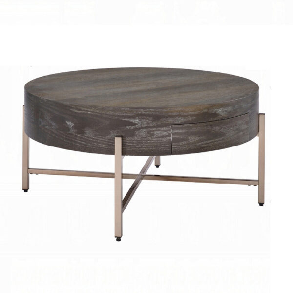 1502202669912ab033141.jpeg 1 Drawer Round Modern Coffee Table with Crossed Metal Legs, Brown and Gold