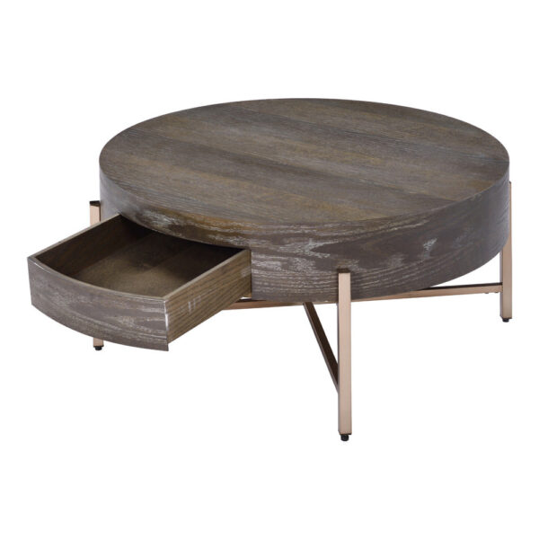 1502202669912ab2711f0.jpeg 1 Drawer Round Modern Coffee Table with Crossed Metal Legs, Brown and Gold