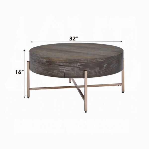 1502202669912ab7d1ef3.jpeg 1 Drawer Round Modern Coffee Table with Crossed Metal Legs, Brown and Gold