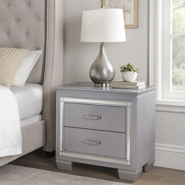 Two Drawer Wooden Nightstand with Textured Details and Mirror Accents, Gray