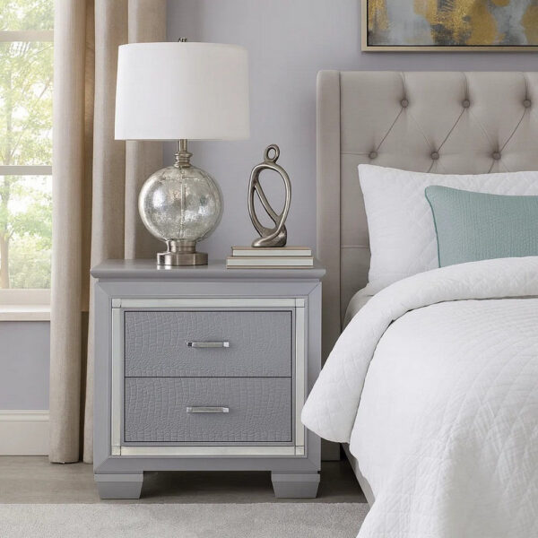 Two Drawer Wooden Nightstand with Textured Details and Mirror Accents, Gray