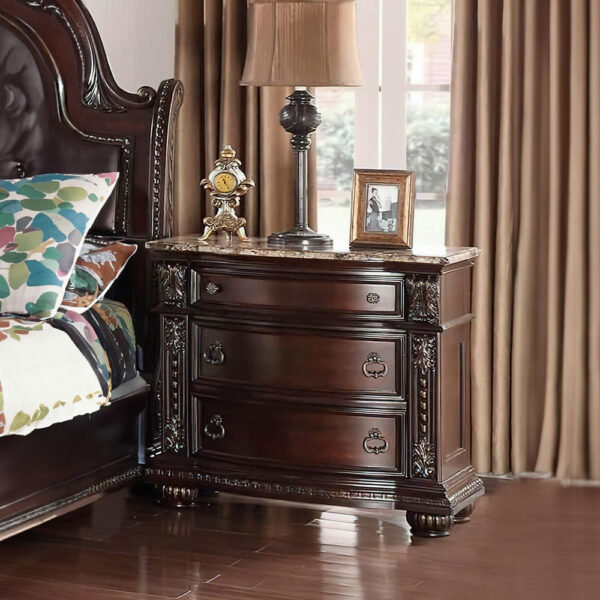 Sany Wooden Nightstand with Three Spacious Drawers and Bun Feet, Cherry Brown
