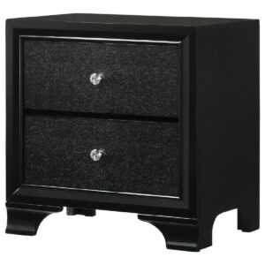 1502202669912d2e80a41.jpeg 2 Drawer Wooden Nightstand with Textured Details and Crystal Pulls, Black