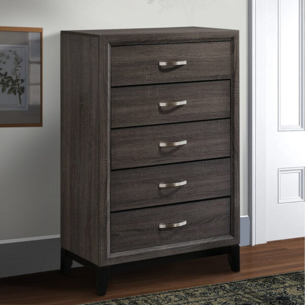 5 Drawer Transitional Chest with Chamfered Feet and Curved Handles, Gray