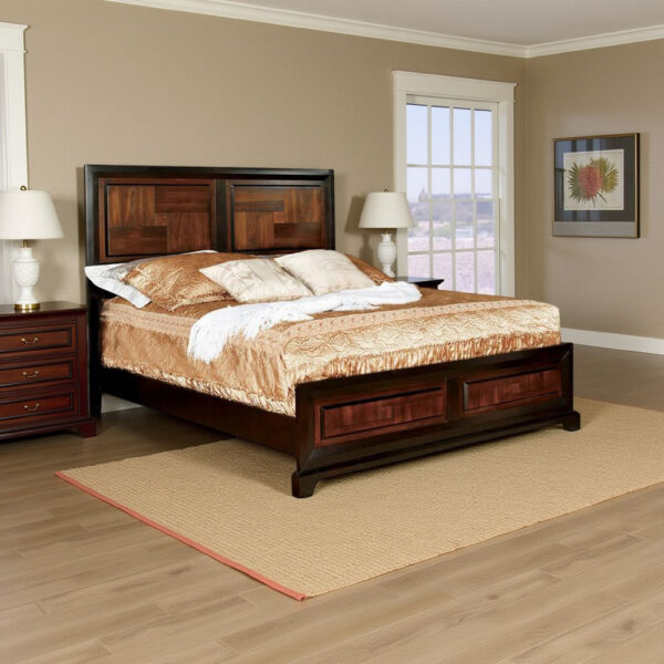 Transitional Style Eastern King Wooden Parquet Design Bed, Brown