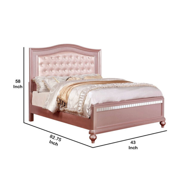 Twin Size Wooden Bed With Mirror Trim Details and Camelback Headboard, Pink