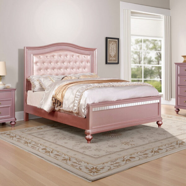 Twin Size Wooden Bed With Mirror Trim Details and Camelback Headboard, Pink