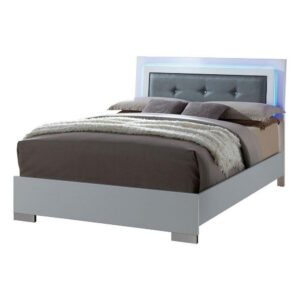 Wooden Eastern King Bed with Leatherette Headboard, White and Black