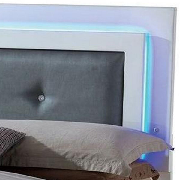 Wooden Eastern King Bed with Leatherette Headboard, White and Black