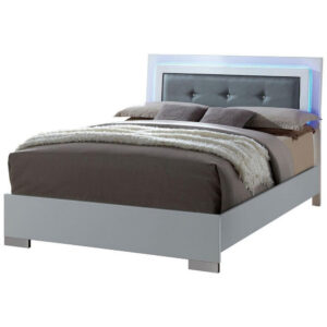 Wooden Queen Bed with Leatherette Headboard and LED trims, White and Black