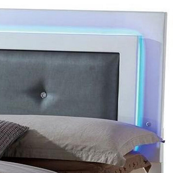 1502202669912e5ac8117.jpeg Wooden Queen Bed with Leatherette Headboard and LED trims, White and Black