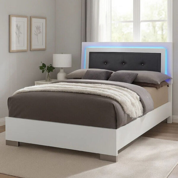 1502202669912e61eadd4.jpeg Wooden Queen Bed with Leatherette Headboard and LED trims, White and Black