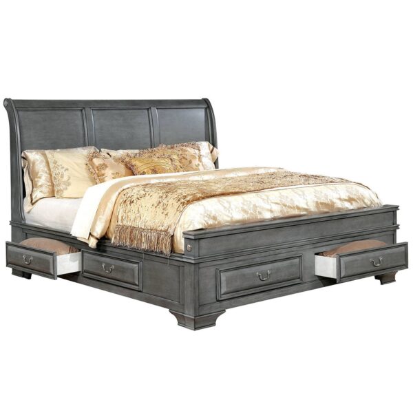 Transitional Eastern King Wooden Bed with Multiple Bottom Drawers, Gray
