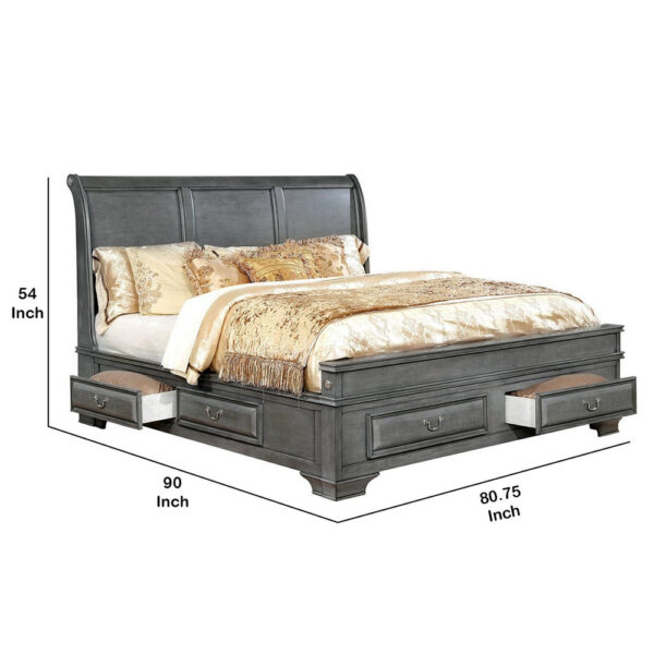 Transitional Eastern King Wooden Bed with Multiple Bottom Drawers, Gray