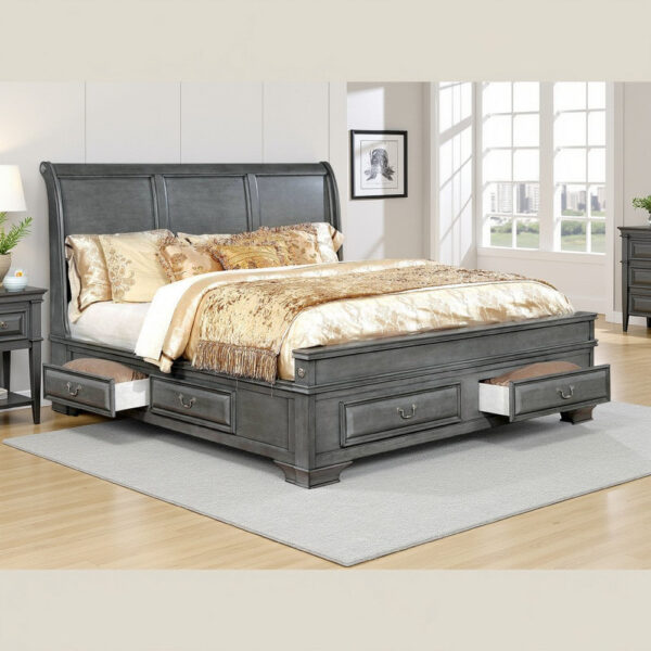 Transitional Eastern King Wooden Bed with Multiple Bottom Drawers, Gray