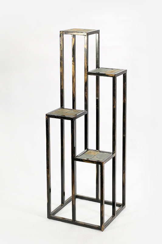 4 Tier Cast Iron Frame Plant Stand with Stone Topping, Black and Gold