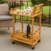 Casters Supported 2 Tier Wooden Wine Table with Turned legs, Oak Brown