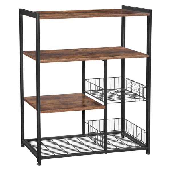 1502202669912f7f74a3c.jpeg 2 Mesh Basket and 6 Hooks Wood and Metal Frame Bakers Rack, Brown and Black