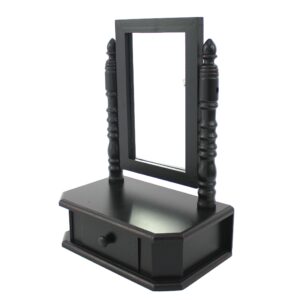 Traditional Wooden Table Mirror with 1 Drawer, Black and Silver, Set of 2