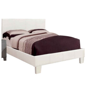 Leatherette Platform Style Queen Size Bed with Tapered Block Feet, White