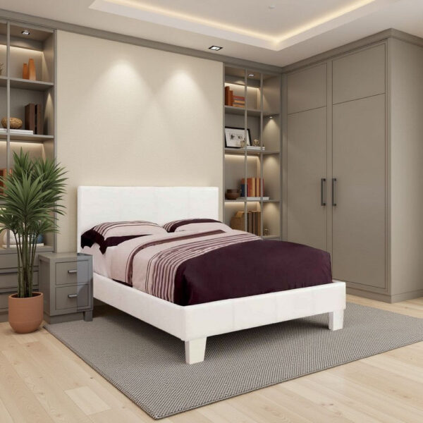 Leatherette Platform Style Queen Size Bed with Tapered Block Feet, White