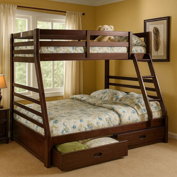 Transitional Style Twin Over Full Bunk Bed with Drawers, Walnut Brown