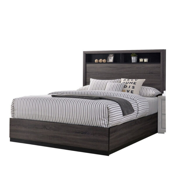 Transitional Wooden Queen Size Platform Bed with Bookcase Headboard, Gray