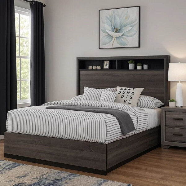 Transitional Wooden Queen Size Platform Bed with Bookcase Headboard, Gray