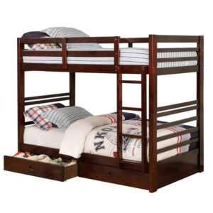 Transitional Twin Over Twin Bed with Attached Ladder and Drawers, Brown