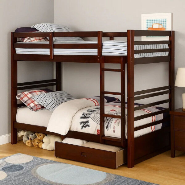 Transitional Twin Over Twin Bed with Attached Ladder and Drawers, Brown